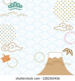 Japanese icon with pattern vector. Natural template background. Fuji mountain, cloud, bamboo and tree elements.