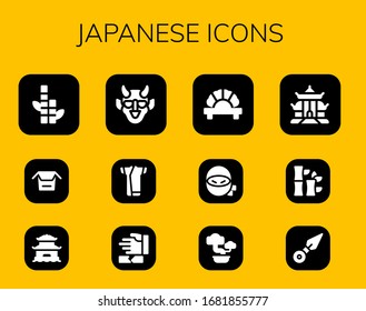 japanese icon set. 12 filled japanese icons.  Simple modern icons such as: Bamboo, Noodles, Pagoda, Hannya, Kimono, Martial arts, Dumpling, Ninja, Bonsai, Kunai