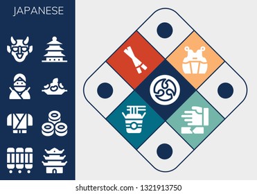 japanese icon set. 13 filled japanese icons.  Collection Of - Kamon, Room divider, Pagoda, Ninja, Sushi, Rice, Hannya, Kendo, Chopsticks, Noodles, Martial arts