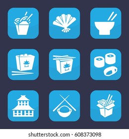 Japanese icon. set of 9 filled japanese icons such as temple, chinese fast food, asian food, noodles fast food, fan