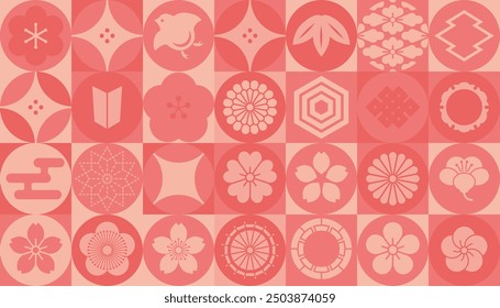 Conjunto de iconos japoneses (Fondo de pantalla de fondo)   Diseño de Kimono Pattern. Adecuado para el diseño de tarjetas de año nuevo o decoración de estilo japonés o bodas y otras celebraciones.