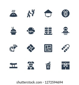 japanese icon set. Collection of 16 filled japanese icons included Martial arts, Noodles, Ninja, Katana, Nunchaku, Tatami, Prawn, Fuji mountain, Rice, Blowfish, Yuan, Kasa, Aikido