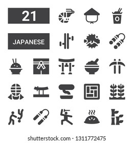 japanese icon set. Collection of 21 filled japanese icons included Bamboo, Dumpling, Martial arts, Nunchaku, Aikido, Rice, Tatami, Bonsai, Katana, Kendo, Kusarigama, Torii, Blowfish