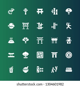 japanese icon set. Collection of 25 filled japanese icons included Dumpling, Aikido, Kunai, Rice, Noodles, Yen, Torii gate, Tatami, Bonsai, Katana, Torii, Paper fan, Martial arts