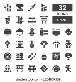 japanese icon set. Collection of 32 filled japanese icons included Martial arts, Japanese, Tatami, Katana, Torii, Kendo, Sensu, Rice, Nunchaku, Yen, Noodles, Kusarigama, Paper fan