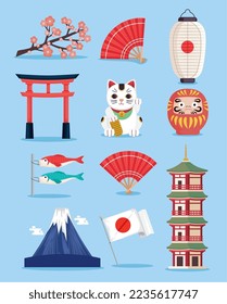 Japanese icon set on blue background