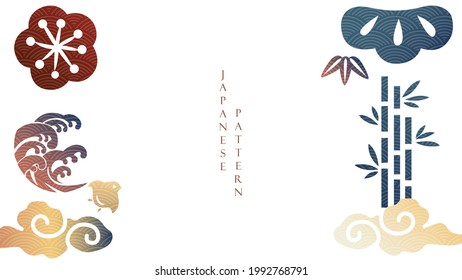 Japanese icon and symbol background with Asian traditional decoration pattern vector. Oriental banner design with abstract art elements in vintage style. Wave, bamboo, cherry blossom , cloud and .