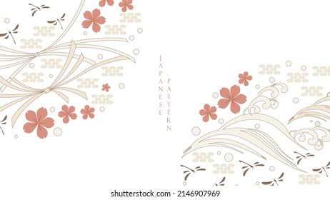Icono japonés y fondo vector de símbolo. Decoración oriental con logo, volante o presentación de estilo vintage. Flor de flor de cerezo, onda dibujada a mano, elemento de cinta con forma geométrica. 