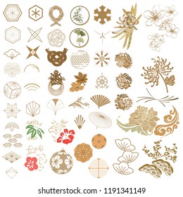 Japanese icon and symbol vector. Gold geometric elements and flower vector.