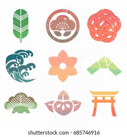 Japanese icon and symbol vector. Green leaf, flower, wave, paper, tree.