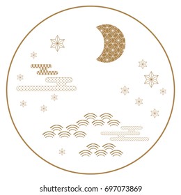 Japanese icon vector. Gold symbol background such as moon, star, wave, cloud for card, poster, postcard, template,cover design,