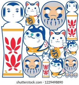 Japanese icons background vector. Lucky doll template in Japanese style. Daruma, Kokeshi doll and Beckoning cat character.