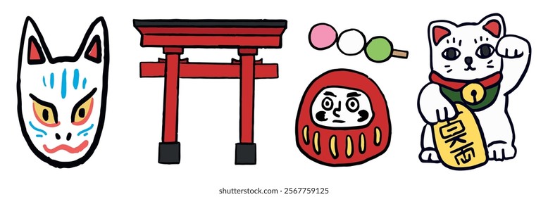 Japanese icons featuring a fox mask, torii gate, daruma doll, and lucky cat. Traditional Japanese symbols in a colorful, cartoon style. Japan travel illustrations vector set.