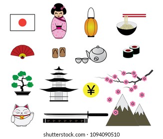 Japanese icons flat set with lantern tea ceremony sakura symbols abstract isolated illustration 