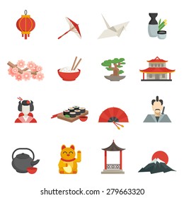 Japanese icons flat set with lantern umbrella crane isolated vector illustration