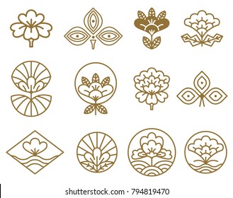 Japanese Icons Flowers Set, Circles Serving As Frame And Images Of Traditional Plants In Blossom, Vector Illustration Isolated On White Background