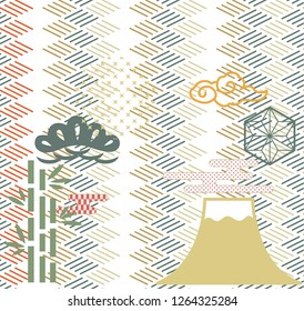 Japanese icons with line pattern vector. Fuji mountain, pine tree, bamboo, cloud elements.