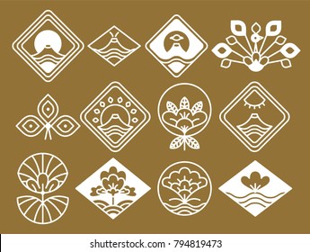 Japanese icons with natural and floristic motifs inside rhombic shapes white silhouettes isolated cartoon vector illustrations on brown background.