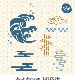 Japanese icons and pattern background. Wave, cloud, bamboo symbol vector.