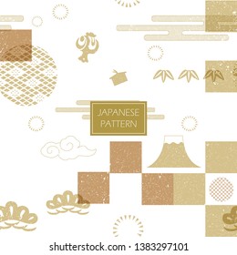 Japanese icons pattern vector. Cloud, hammer, Fuji mountain, bonsai, bamboo and hammer elements.