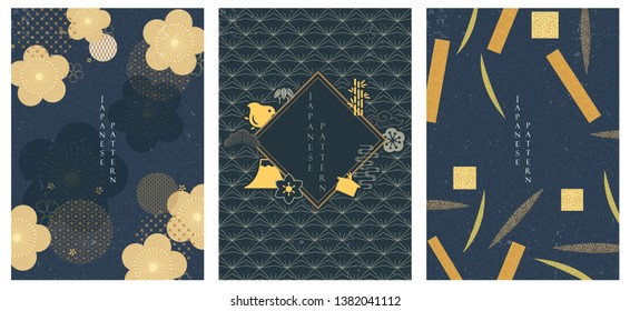 Japanese icons and patterns vector. Blue background with cherry blossom. Leaves and geometric template.