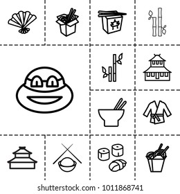 Japanese icons. set of 13 editable outline japanese icons such as temple, bamboo, ninja, chinese fast food, asian food, noodles fast food, fan, sushi