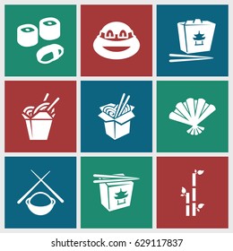 Japanese icons set. set of 9 japanese filled icons such as bamboo, ninja, chinese fast food, noodles fast food, fan, sushi
