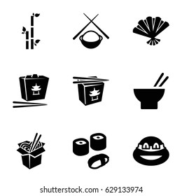 Japanese icons set. set of 9 japanese filled icons such as bamboo, ninja, chinese fast food, asian food, noodles fast food, fan