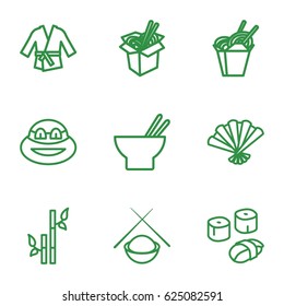 Japanese icons set. set of 9 japanese outline icons such as bamboo, chinese fast food, asian food, noodles fast food, fan, sushi, kimono