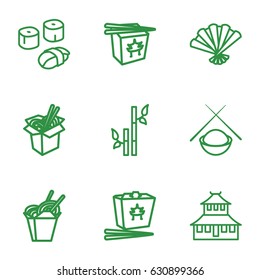 Japanese icons set. set of 9 japanese outline icons such as temple, bamboo, chinese fast food, noodles fast food, fan, sushi