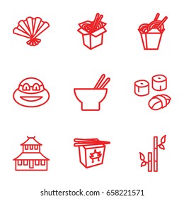 Japanese icons set. set of 9 japanese outline icons such as temple, bamboo, chinese fast food, asian food, noodles fast food, fan, sushi