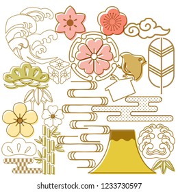Japanese icons template vector. Cherry blossom flower, Fuji mountain, wave elements background.