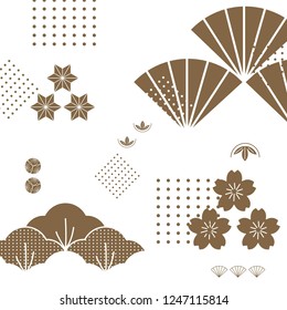 Japanese icons template vector. Gold geometric template background. Cherry blossom flower, pine tree and hemp tree elements.