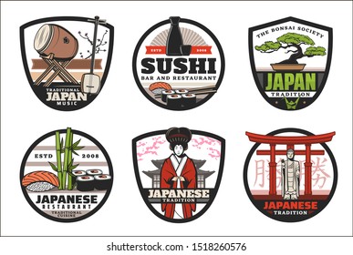 Japanese icons of tradition, culture and food. Vector signs of sushi rolls bar or restaurant, bonsai tree and traditional Japanese music instruments, Japan hieroglyphs on Torii gates and geisha