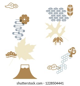 Japanese icons vector with autumn leaf template background. Gold Fuji mountain, pine tree, wave, cherry blossom, cloud symbols. 