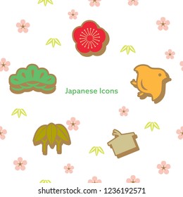 Japanese icons vector. Cherry blossom flower, pine tree, bird, bamboo elements background.
