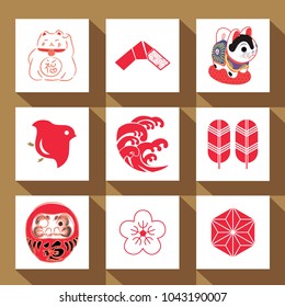 Japanese icons vector. Dog lucky charm, doll, beckoning cat, leaves, cherry blossom, bird, wave elements.