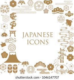 Japanese icons vector. Gold background, sign, logo and crest. 