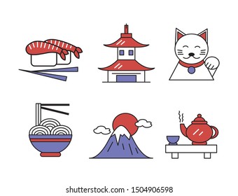 Japanese icons in vector isolated on a white background. Japanese food culture. Japanese culture attractions, holidays. Fun Japan for kids and leisure