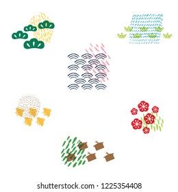 Japanese icons vector. Pine tree, wave, cherry blossom, bird elements.