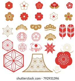 Japanese icons vector. Red symbols and pattern. Traditional of Japan for decoration elements.