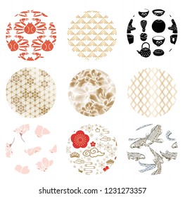 Japanese icons vector set. Gold gradient geometric pattern background. Carp, tea bowl, peony flower and Cherry blossom elements. 