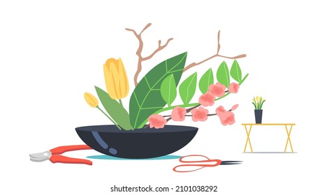 Japanese Ikebana Concept. Asian Culture and Art. Traditional Japan Beautiful Floristic Composition of Flowers and Plants, Tree Branches, Leaves and Blossoms in Vase. Cartoon Vector Illustration