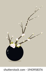 Japanese Ikebana Flowers In Black Round Vase