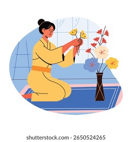 Ikebana mulher ilustração japonesa em estilo plano