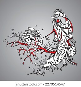 Japanese illustrated composition. Samurai character playing a shamisen instrument, surrounded by cherry blossom branches, birds, and a traditional house in the back. Red, black, and white vector.