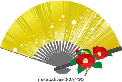 Japanese Illustration: Gold fan and camellia flower.