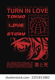 Japanese illustration with manga face translation: "Love and death." Illustration vector design for t-shirt graphics, banners, fashion prints, slogan tees, stickers, posters and other creative uses.