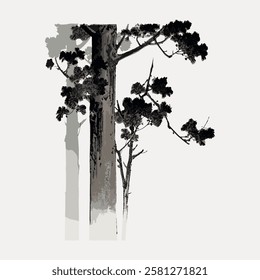 Japanese illustration of trees with dark leaves and textured trunks. Trees depicted in an abstract manner. Tree art with a minimalist, monochrome palette. Vintage botanical illustration vector.