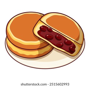 Vector de ilustración de panqueque imagawayaki japonés. Suave y esponjoso Obanyaki (panqueque relleno japonés) icono de dibujos animados Vector.  Panqueque de postre japonés con frijol rojo. Receta de panqueque japonés obanyaki.